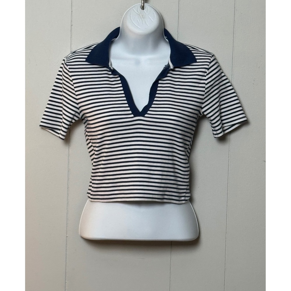 Zara Women's Ribbed Striped Polo Shirt Navy White V-Neck Crop Top Size M